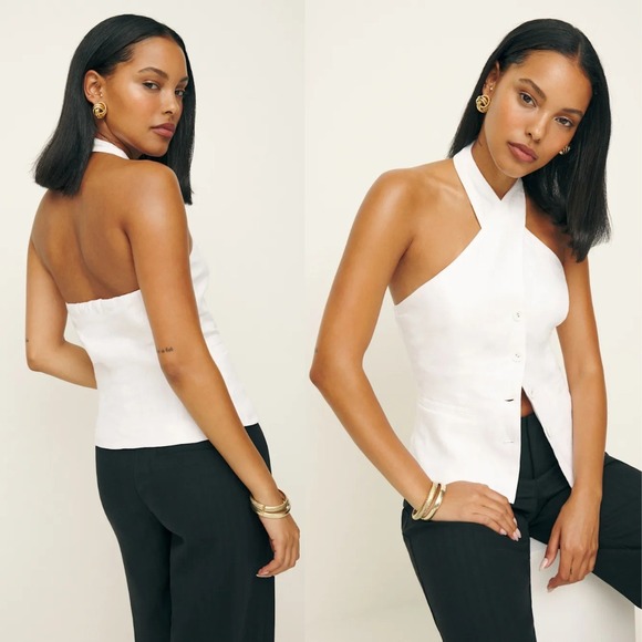 Reformation | Tate 100% Linen Halter Button Vest Blouse Top White‎ Size 2 - Picture 5 of 12